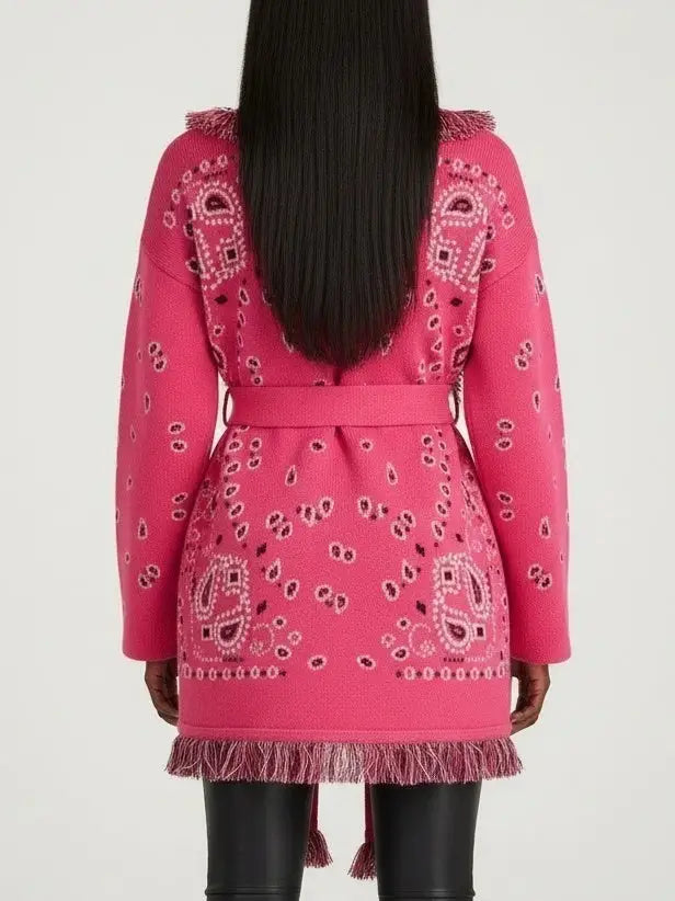 Fuchsia Paisley Wool-Cashmere Belted Cardigan - Sweaters & Knitwear