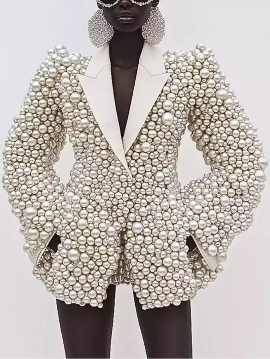Full Pearl-Embellished Blazer with Lining - Jackets