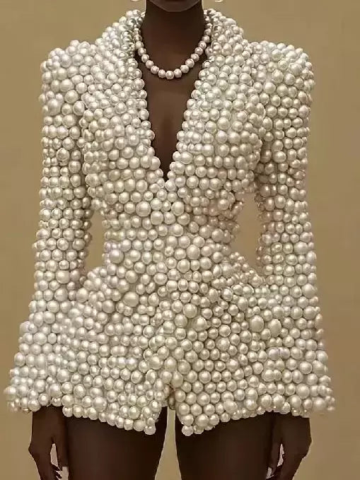 Full Pearl-Embellished Blazer with Lining - Jackets