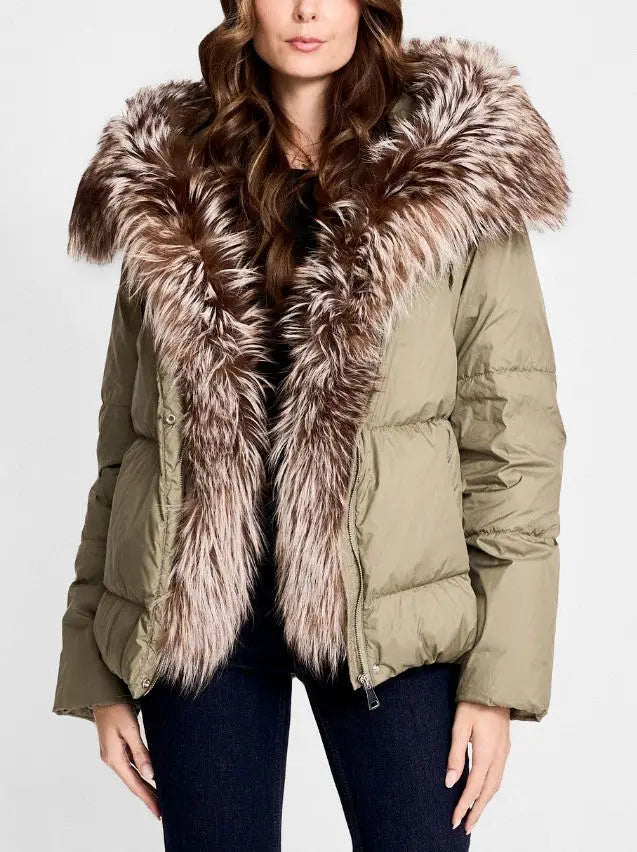Fur-Trim Puffer Down Jacket in Olive Green - Small - Jackets