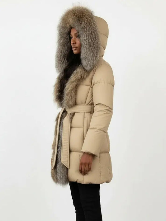 Fur-Trim Belted Down Coat in Beige with Natural Beige and Black Fur - Coats