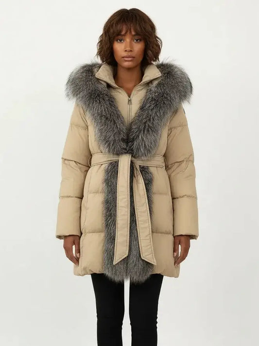 Fur-Trim Belted Down Coat in Beige with Natural and Black Fur - Coats