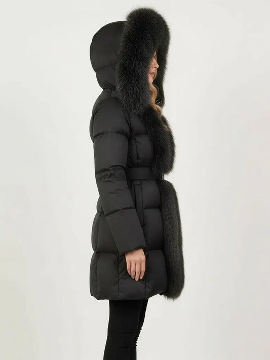 Fur-Trim Belted Down Coat in Black - Coats