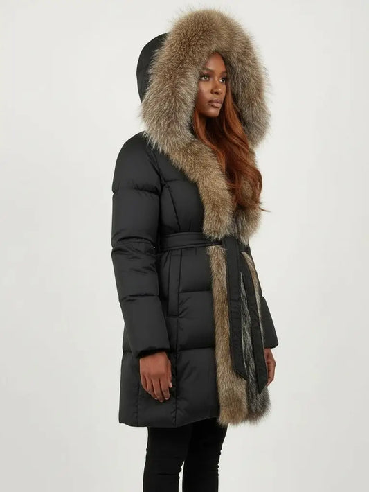 Fur-Trim Belted Down Coat in Black with Natural Beige and Black Fur - Coats
