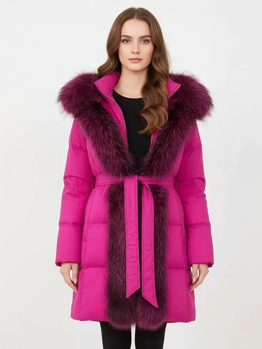 Fur-Trim Belted Down Coat in Fuchsia Pink with Pink and Black Fur - Small - Coats