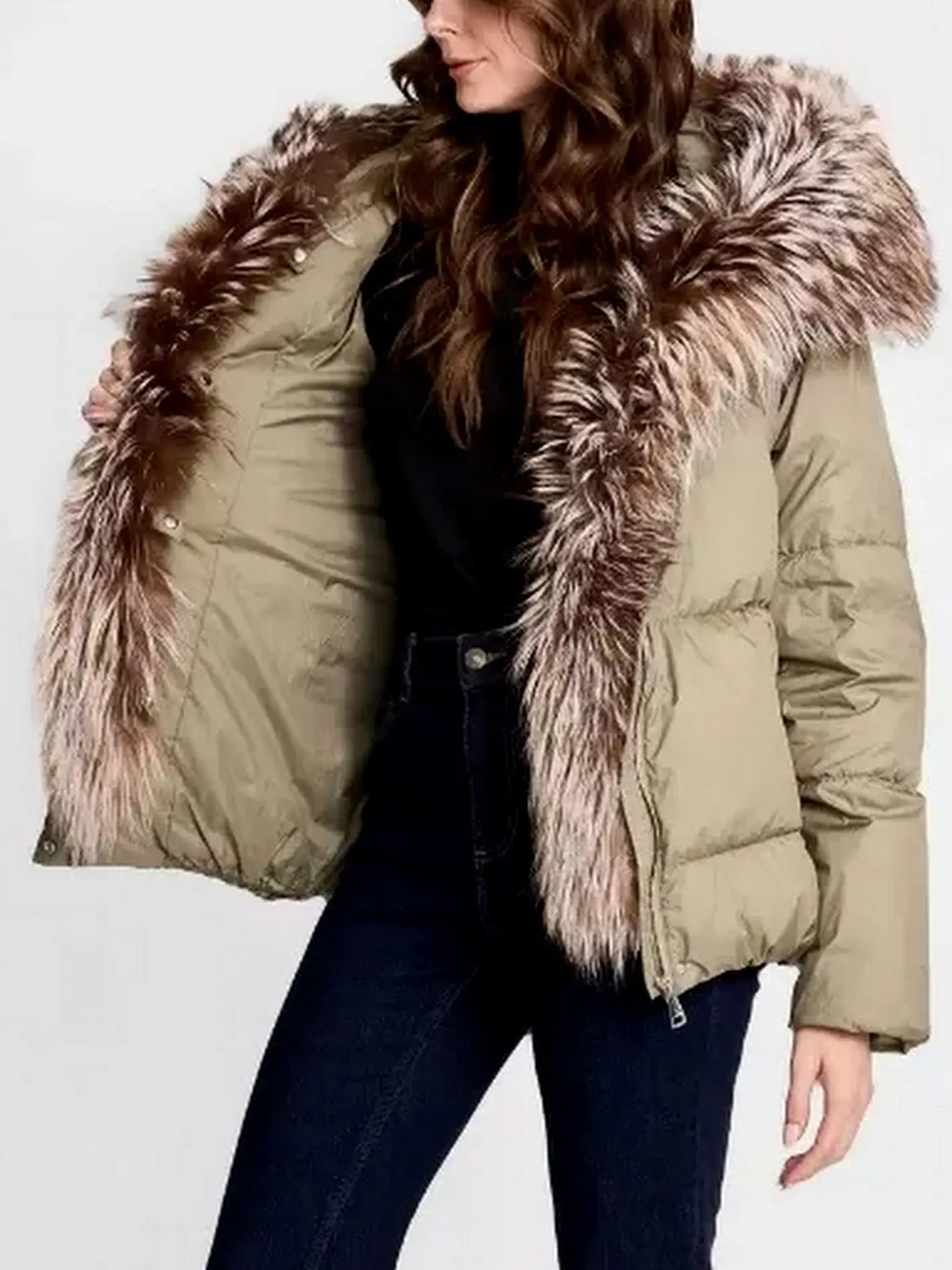 Fur-Trim Puffer Down Jacket in Olive Green - Jackets