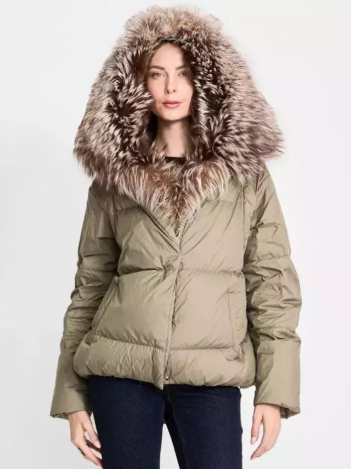Fur-Trim Puffer Down Jacket in Olive Green - Jackets