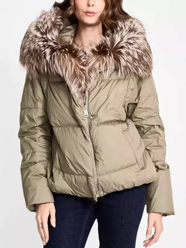 Fur-Trim Puffer Down Jacket in Olive Green - Jackets
