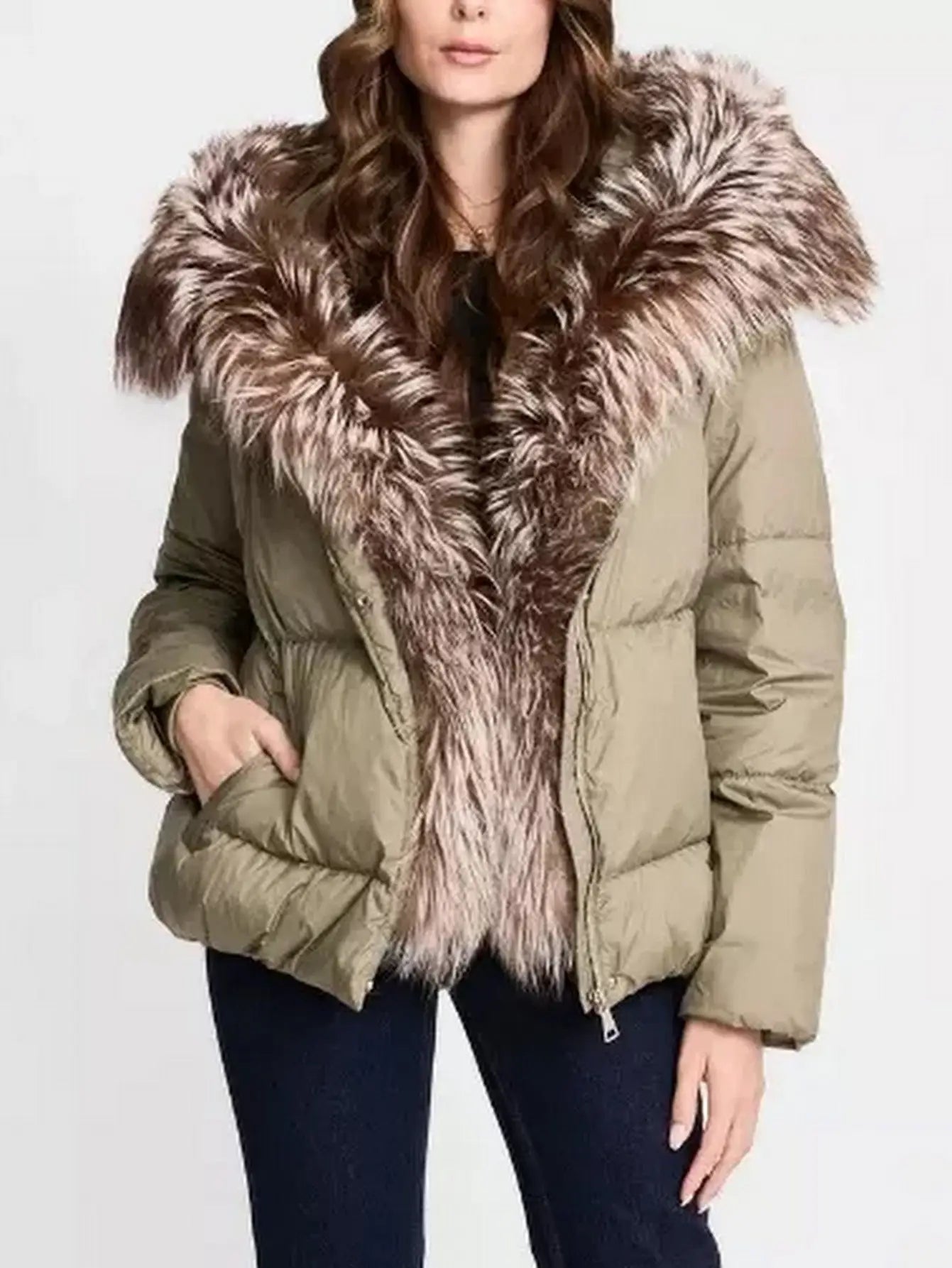 Fur-Trim Puffer Down Jacket in Olive Green - Jackets