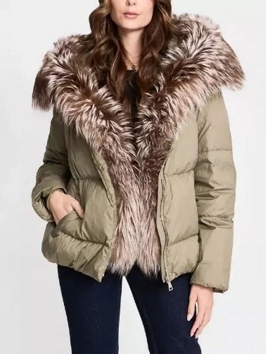 Fur-Trim Puffer Down Jacket in Olive Green - Jackets