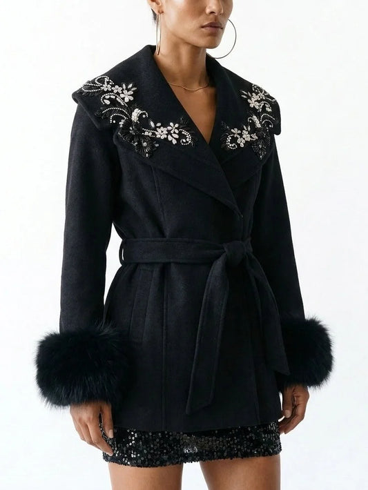 Fur Cuff Short Wool Coat with Embellished Collar - Coats