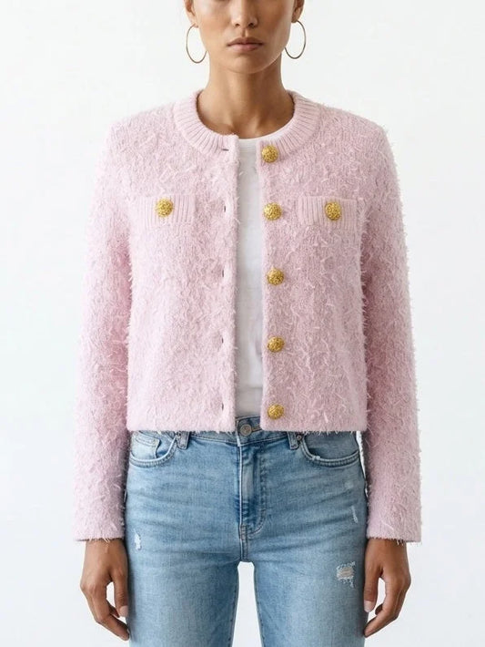 Fuzzy Knit Cropped Cardigan with Gold Buttons - Sweaters & Knitwear