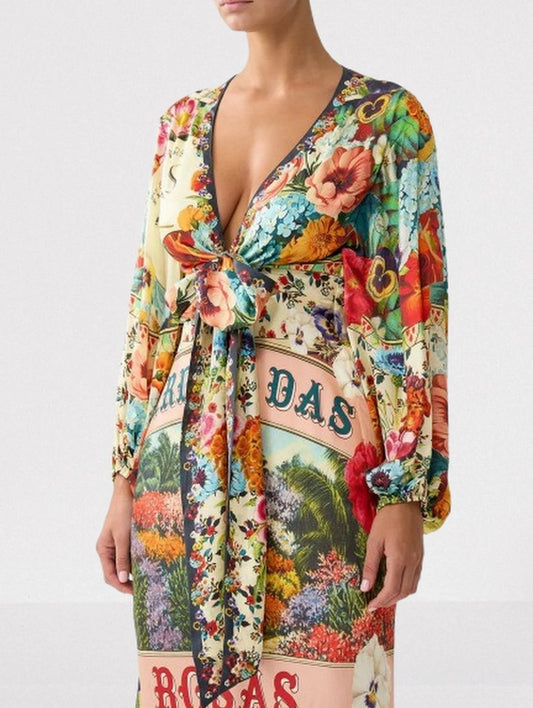 Garden Print Silk Charmeuse Blouson-Sleeve Dress - Dresses