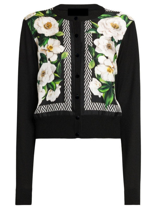 Gardenia Print Silk and Wool Cardigan Sweater