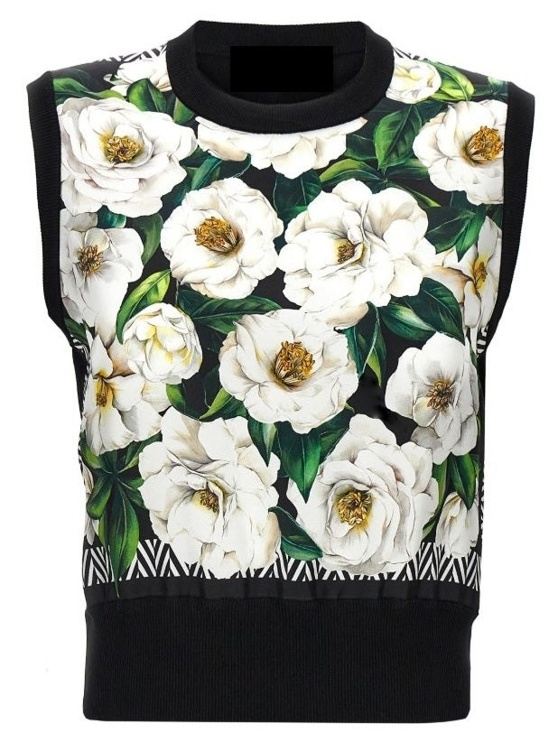 Gardenia Print Silk and Wool Sleeveless Sweater