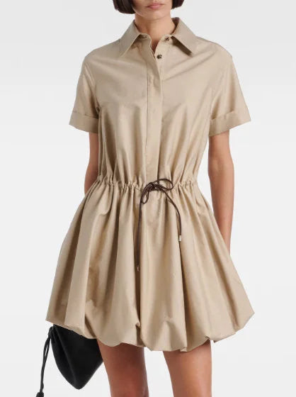 Gathered Cotton Mini Shirt Dress with Drawstring - Dresses