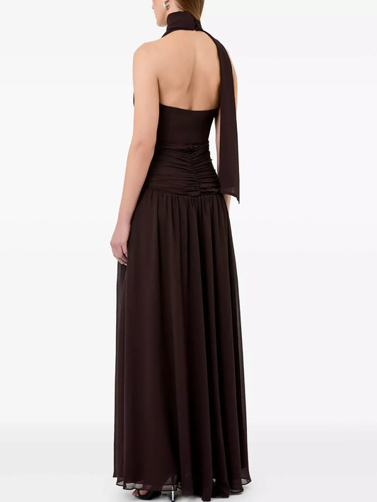 Gathered Halter Maxi Dress in Brown - Dresses