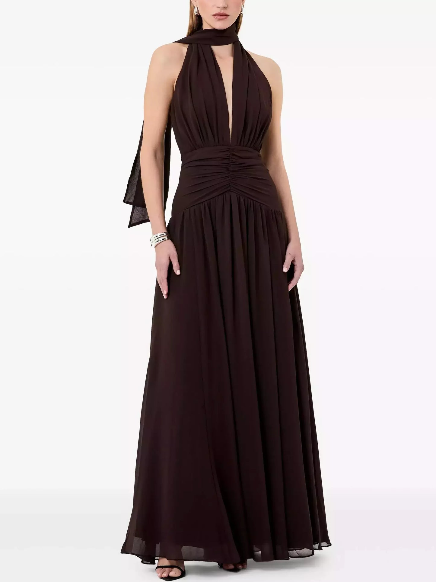 Gathered Halter Maxi Dress in Brown - Dresses