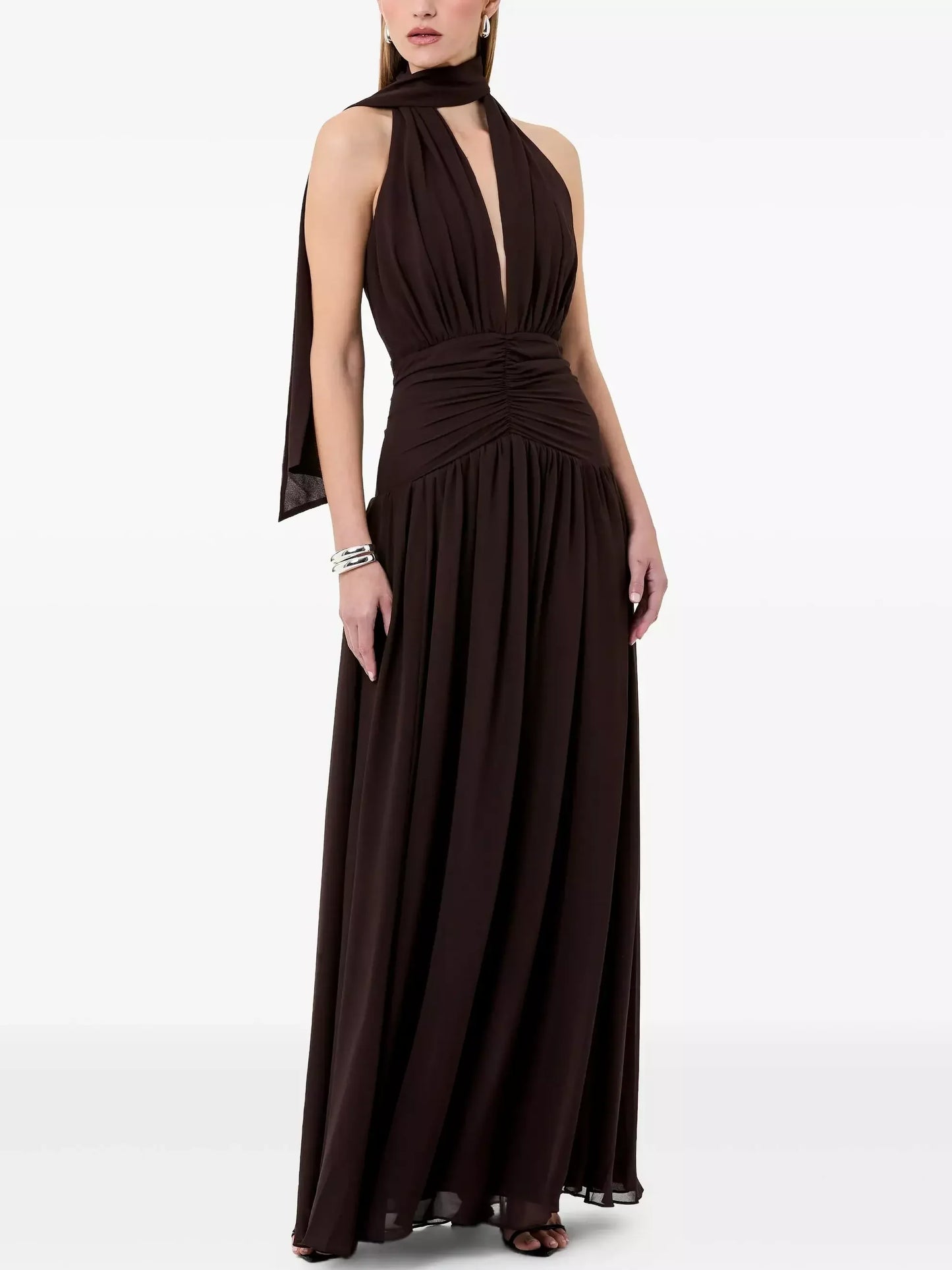 Gathered Halter Maxi Dress in Brown - Dresses