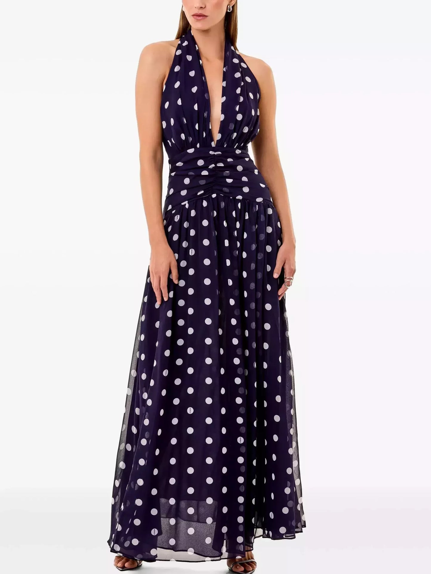 Gathered Halter Maxi Dress in Polka Dot Print - Dresses