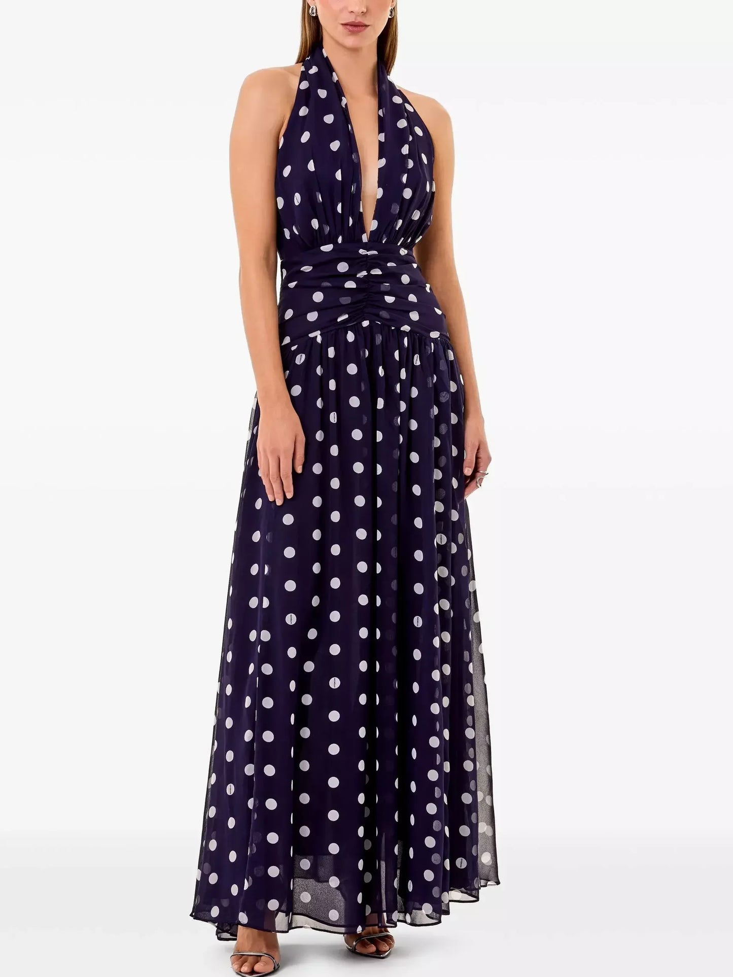 Gathered Halter Maxi Dress in Polka Dot Print - Dresses