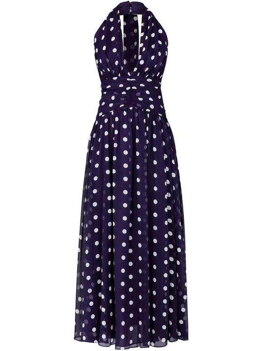 Gathered Halter Maxi Dress in Polka Dot Print - Dresses