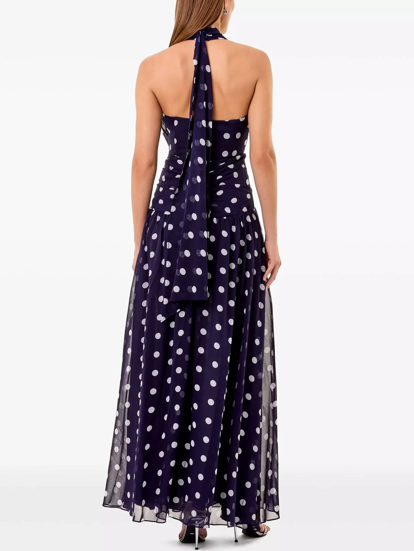 Gathered Halter Maxi Dress in Polka Dot Print - Dresses
