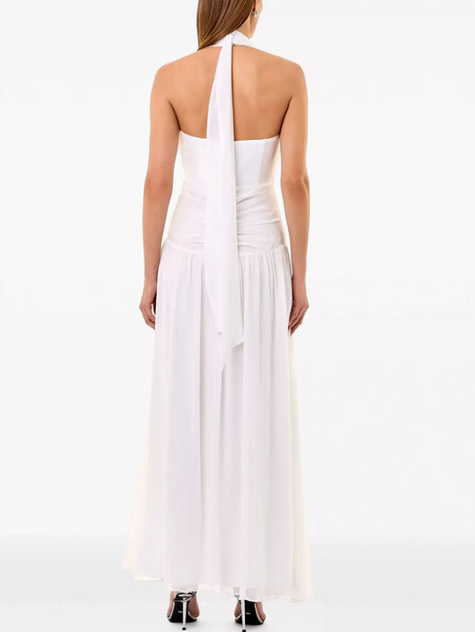 Gathered Halter Maxi Dress in White - Dresses