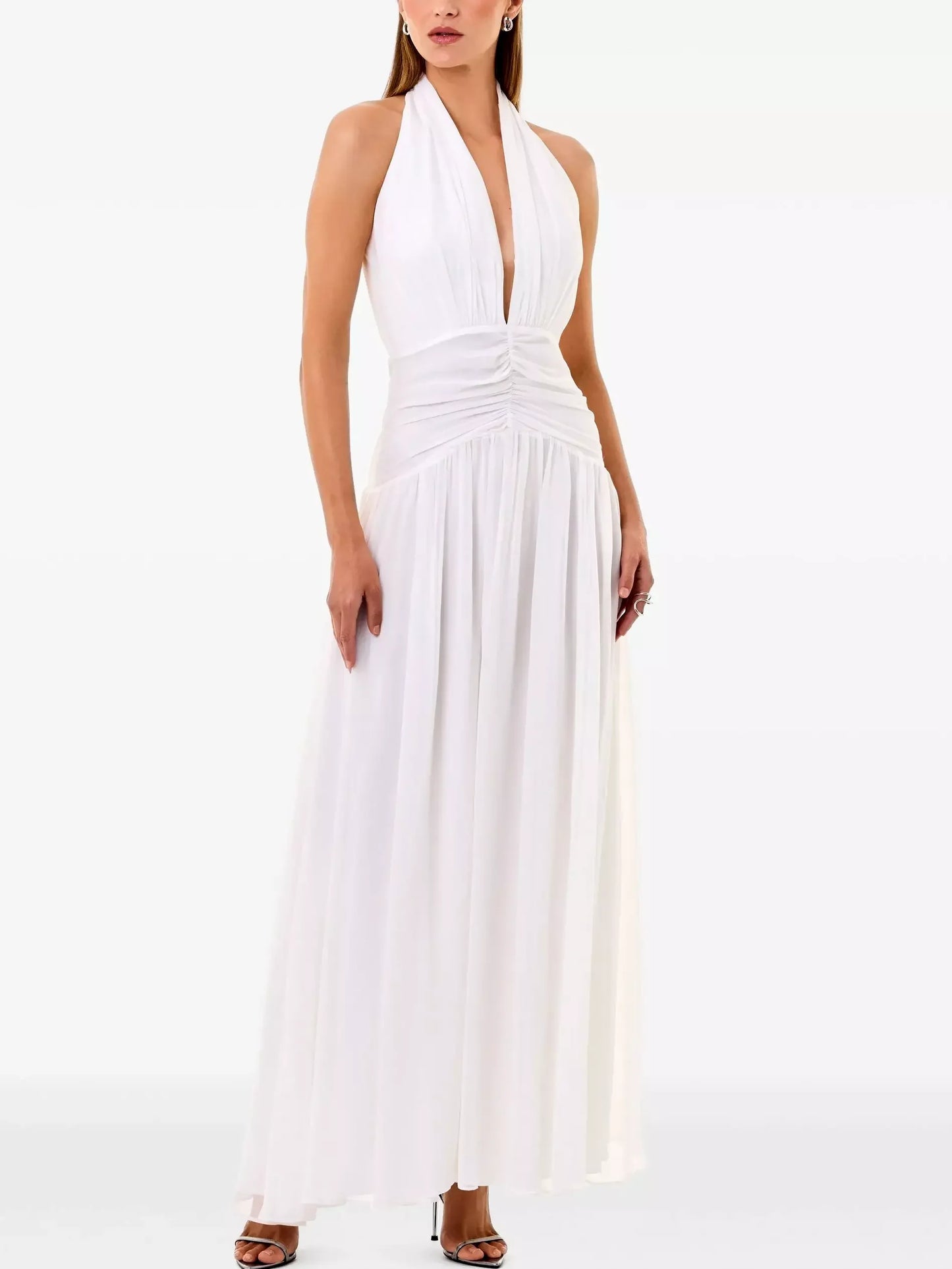 Gathered Halter Maxi Dress in White - Dresses