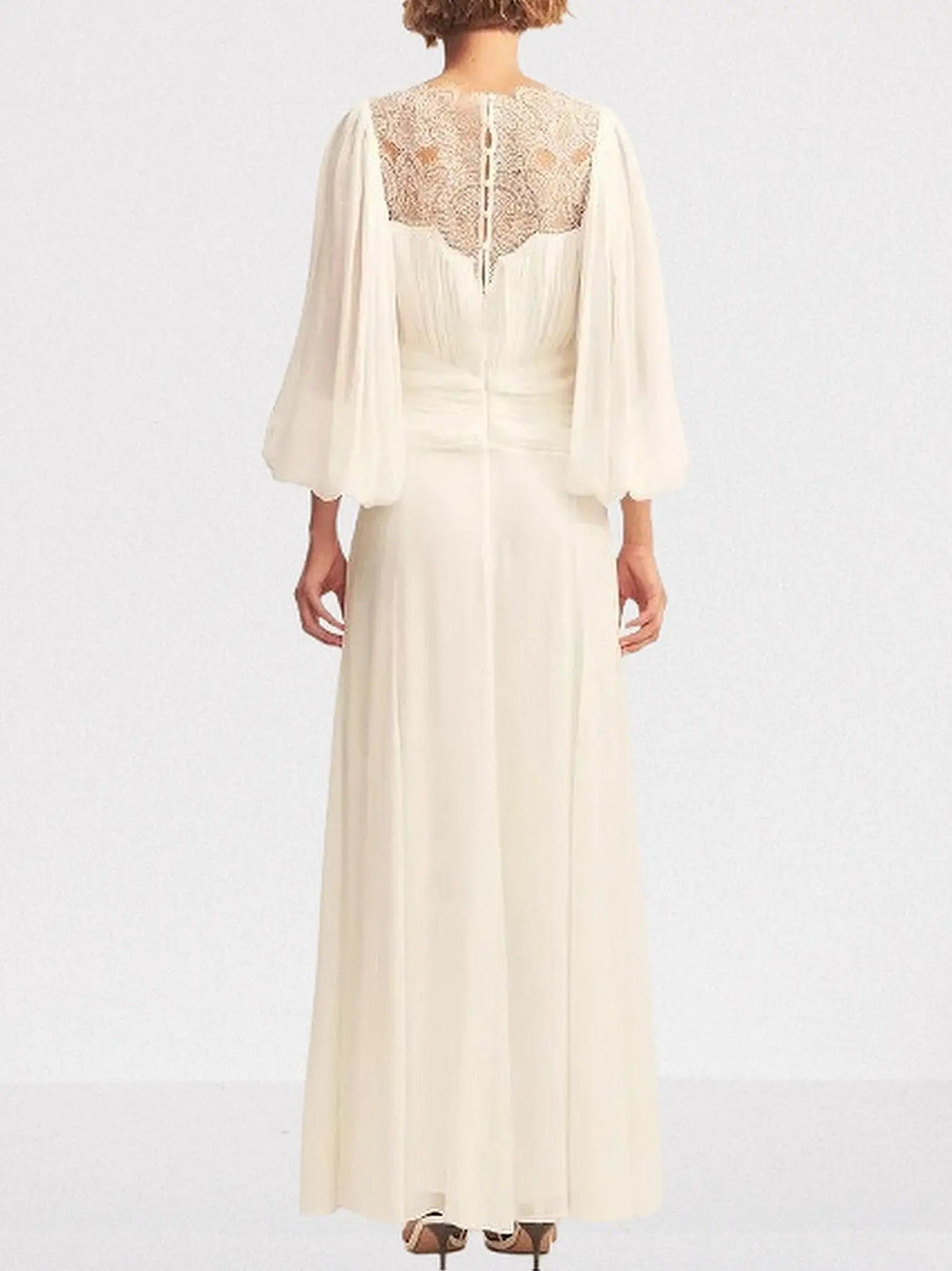 Gathered Maxi Dress with Lace and Balloon-Sleeves - Dresses