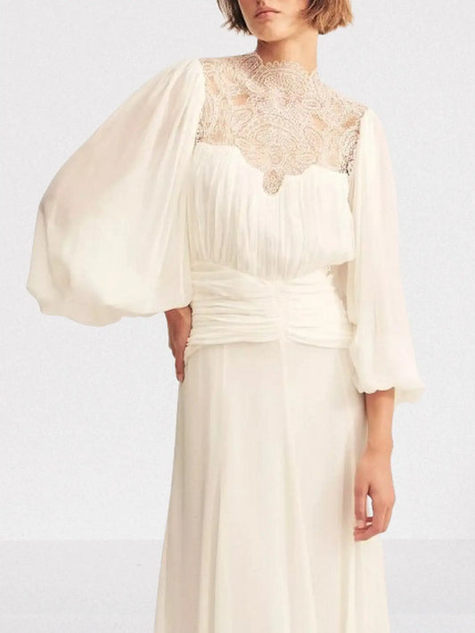 Gathered Maxi Dress with Lace and Balloon-Sleeves - Dresses