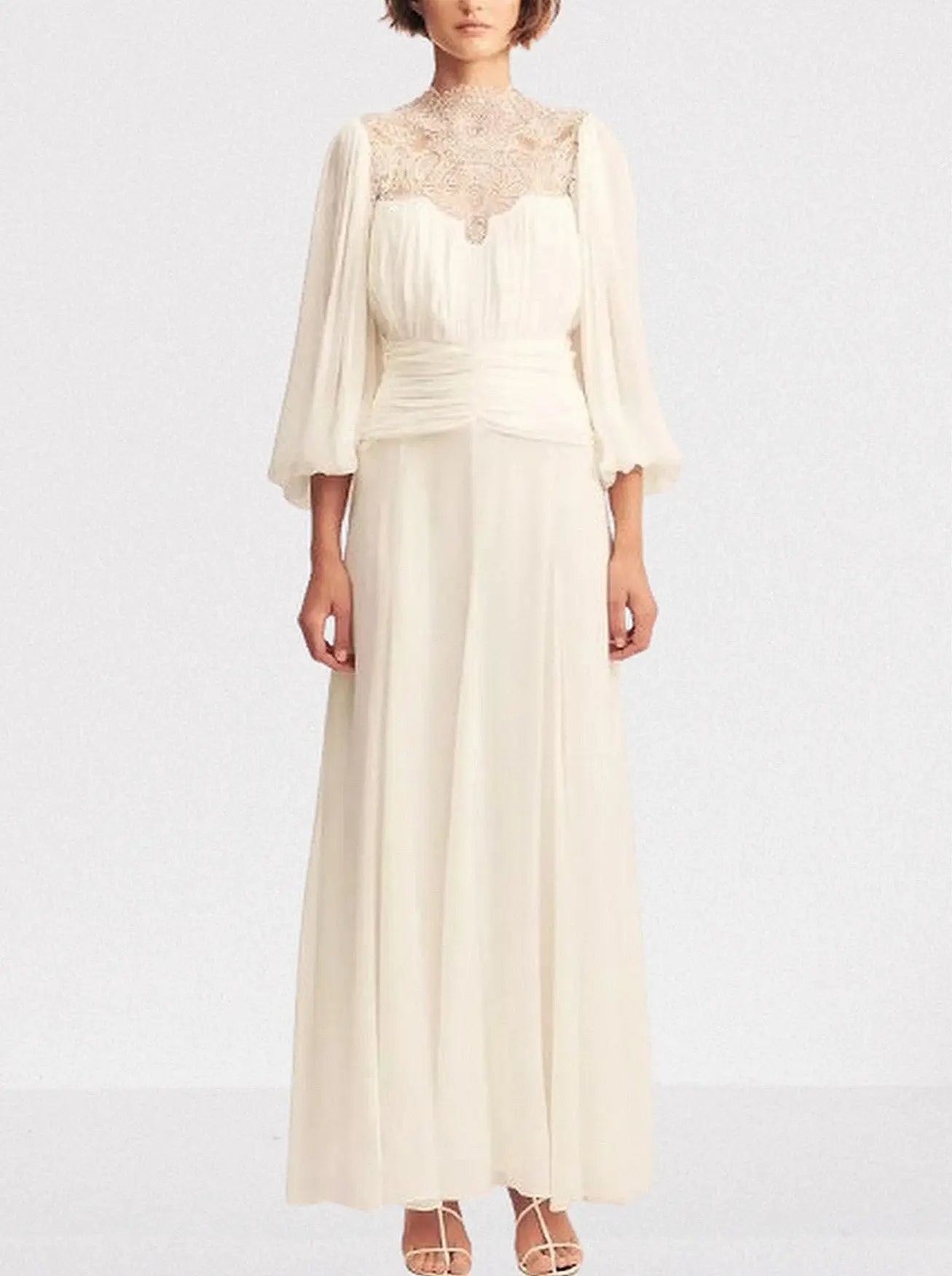 Gathered Maxi Dress with Lace and Balloon-Sleeves - Dresses