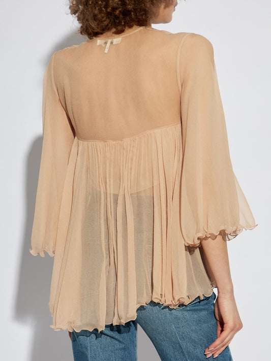 Gathered Pleated Silk Georgette Blouse - Tops