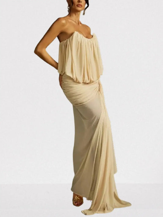 Gathered Sleeveless Draped Gown in Light Beige - Dresses