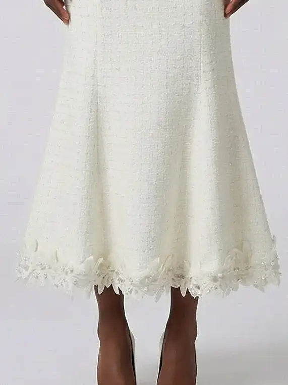 Ivory Tweed Jacket and Midi Skirt Set - Suits & Sets