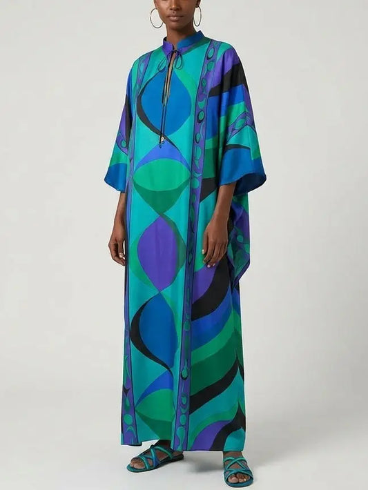 Geometric Print Silk Maxi Kaftan Dress - Dresses
