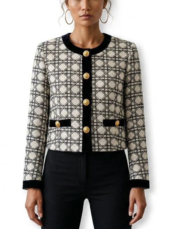 Geometric Tweed Jacket with Black Velvet Trim - Jackets