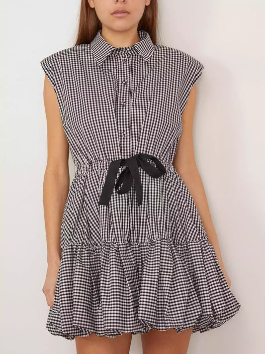 Gingham Bubble Mini Dress with Bow - Dresses