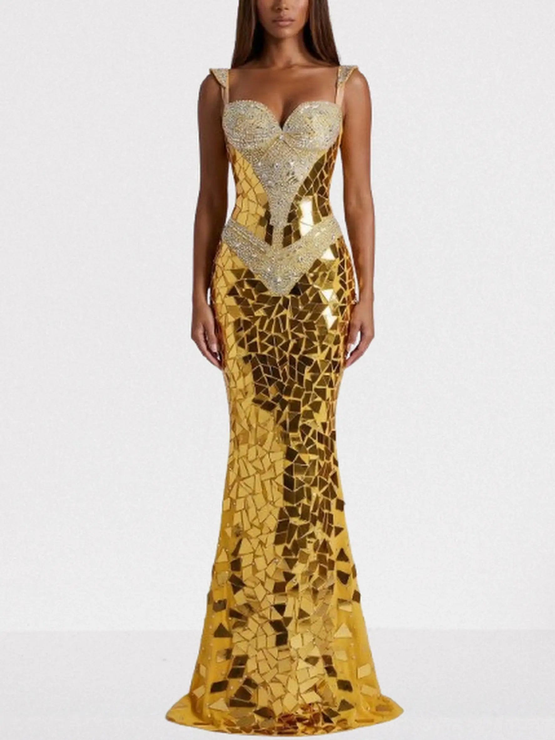 Gold Mirrored Mosaic Evening Gown with Crystal Embellishment  Branna  Couture