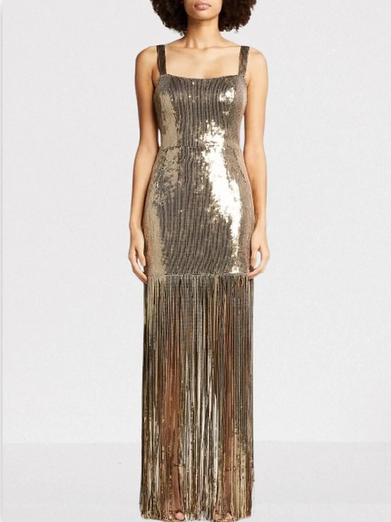 Gold Sequin Sleeveless Fringed Maxi Dress - XS - Dresses