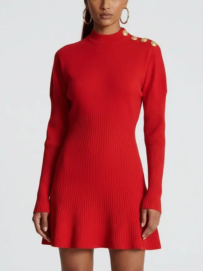 Gold Button Ribbed Knit Mini Dress - Dresses