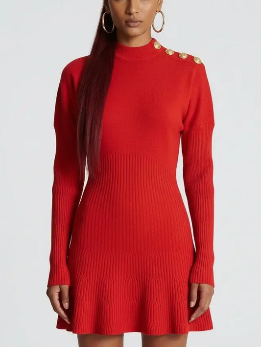 Gold Button Ribbed Knit Mini Dress - S / Red - Dresses