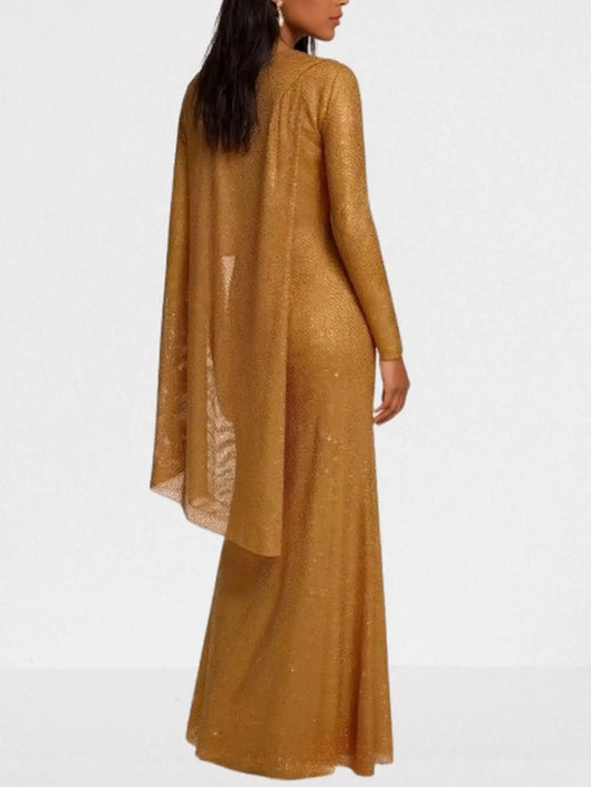 Gold Crystal Embellished Cape-Sleeve Gown - Dresses