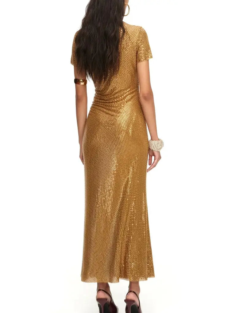 Gold Draped Rhinestone Maxi Dress with Short Sleeves - Dresses