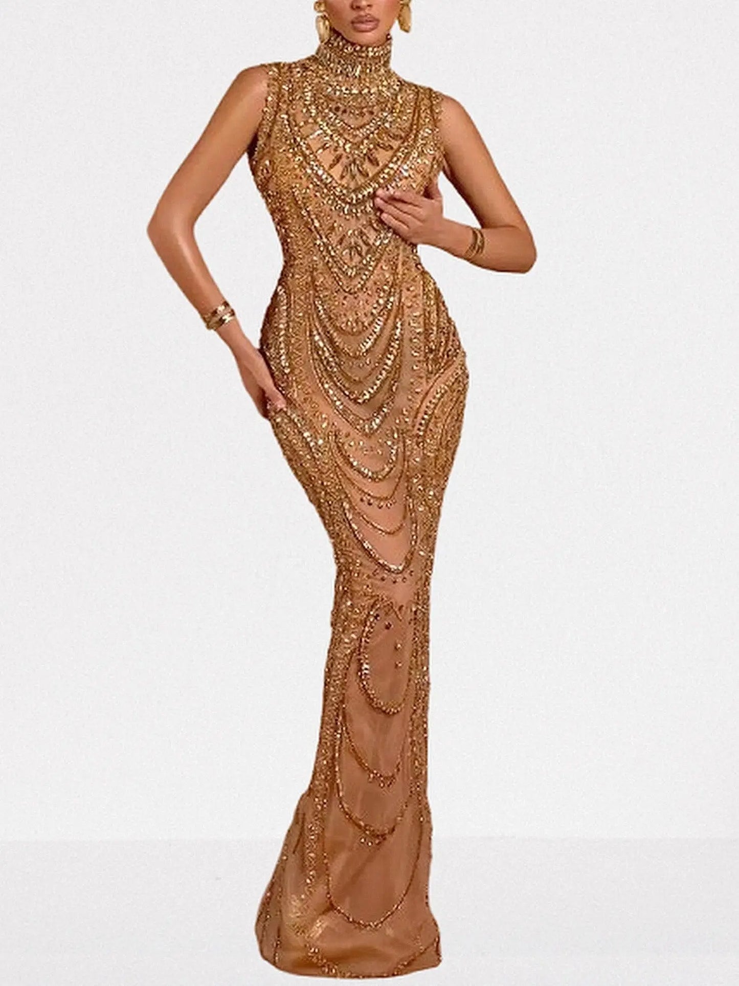 Gold Fully Embellished High-Neck Evening Gown - Dresses