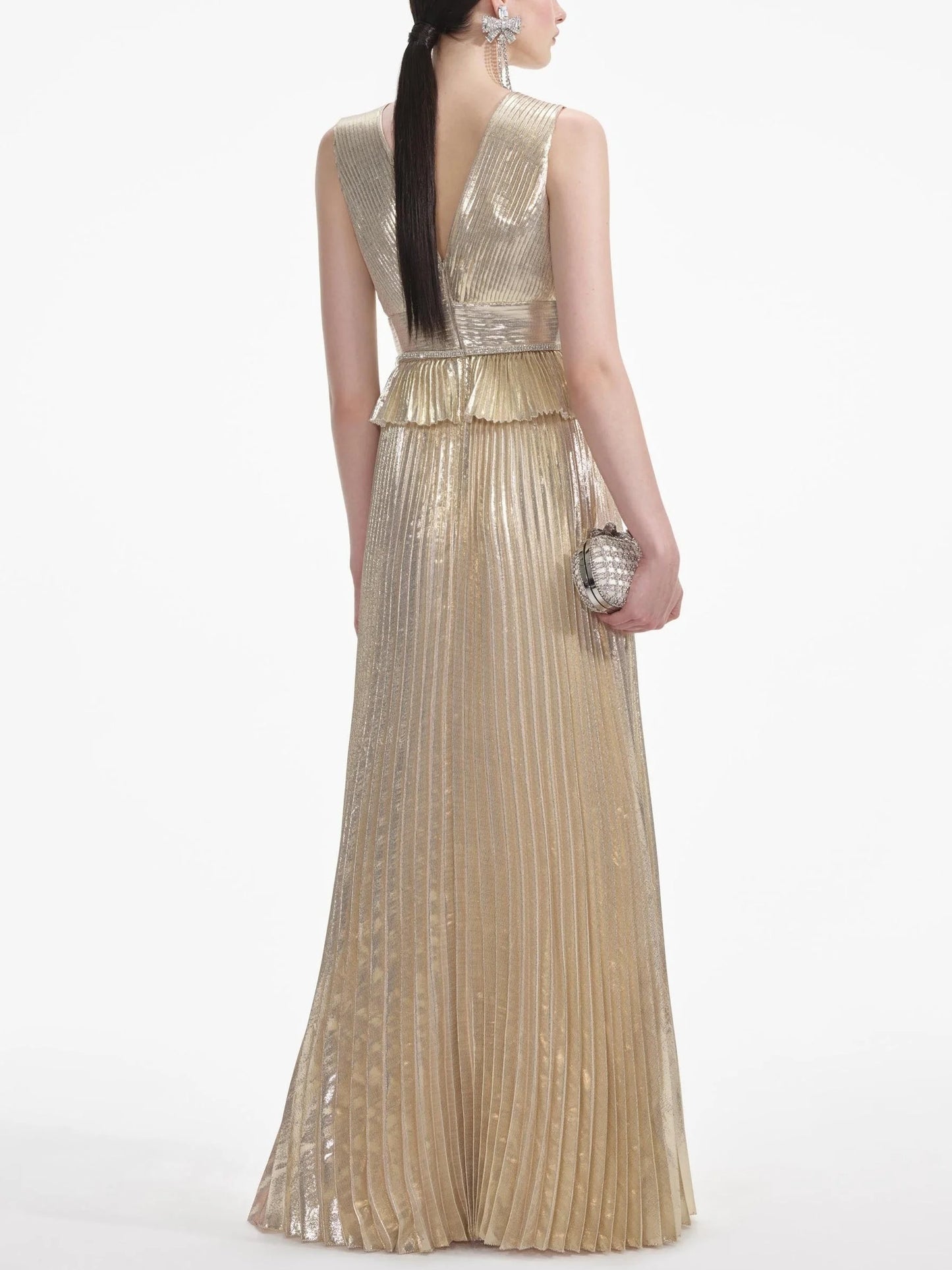 Gold Metallic Pleated Sleeveless Gown Dresses