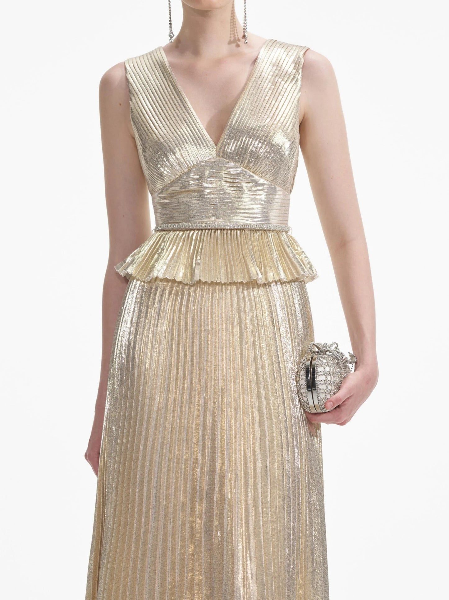 Gold Metallic Pleated Sleeveless Gown Dresses