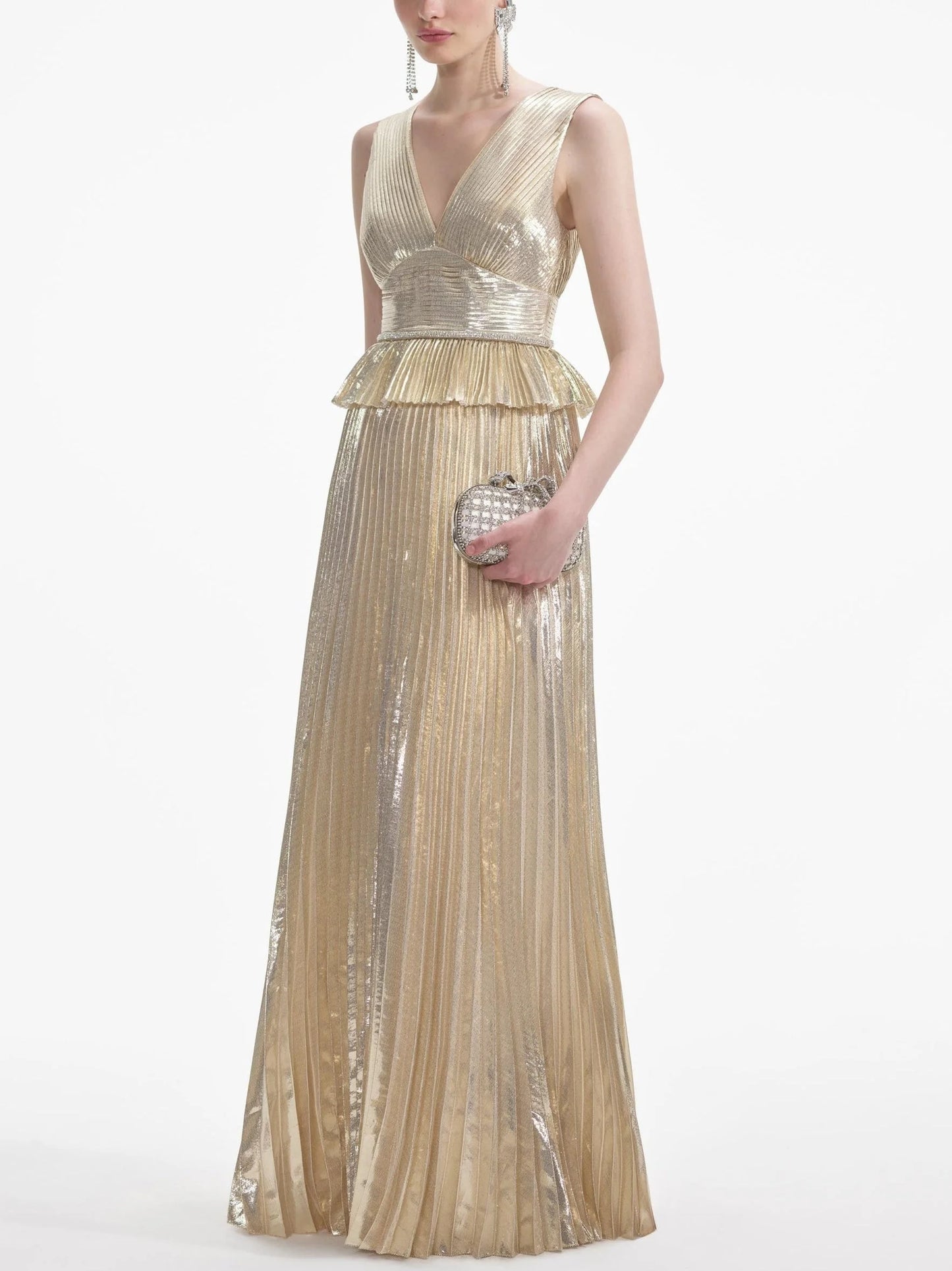 Gold Metallic Pleated Sleeveless Gown Dresses