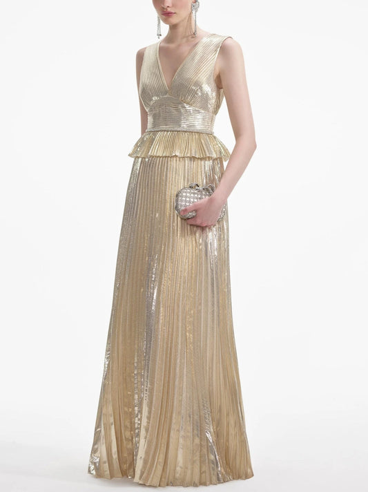 Gold Metallic Pleated Sleeveless Gown Dresses