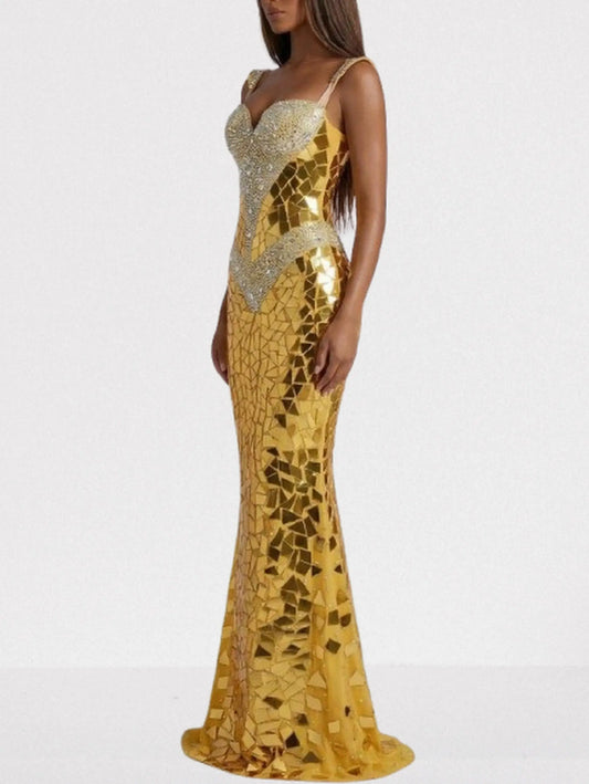 Gold Mirrored Mosaic Evening Gown - Dresses
